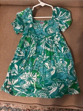Lilly Pulitzer Teal & Green Floral Puff-Sleeve Dress